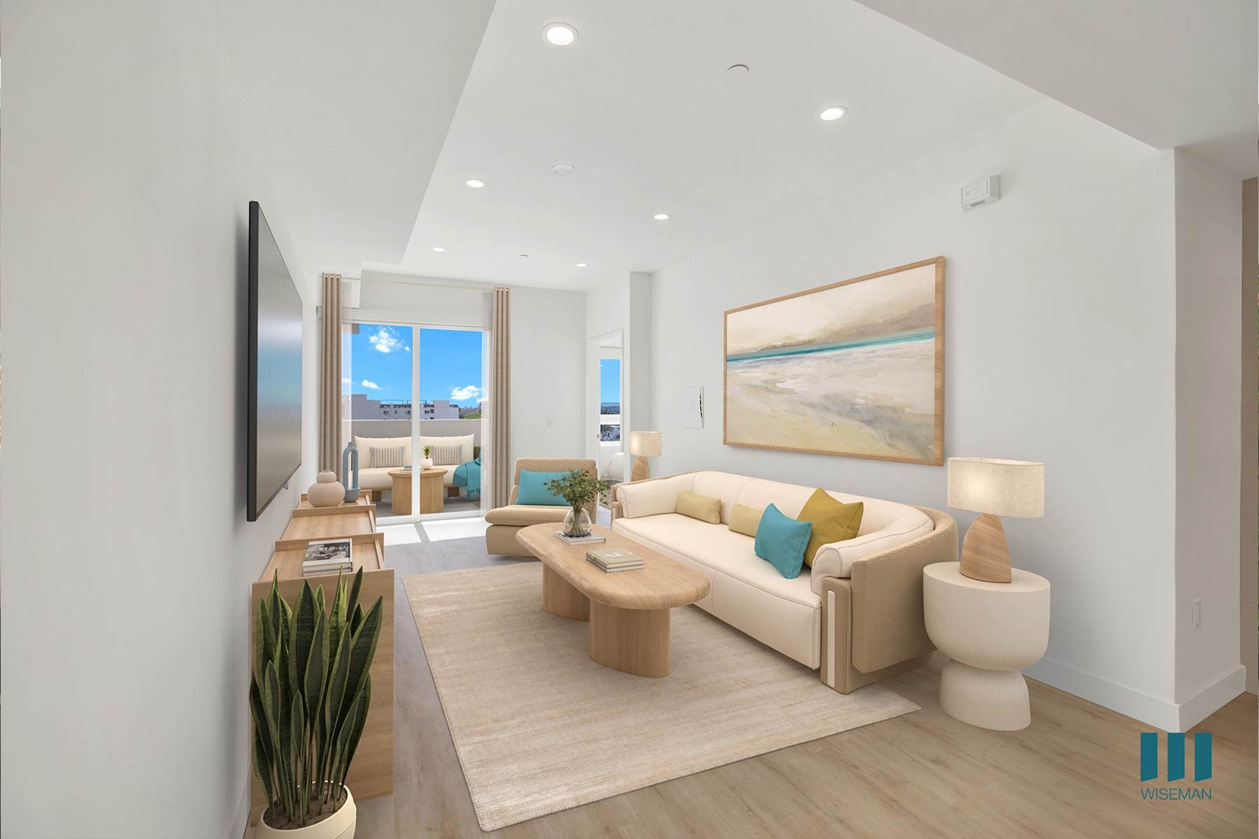 Living room with seaside artwork and balcony doors